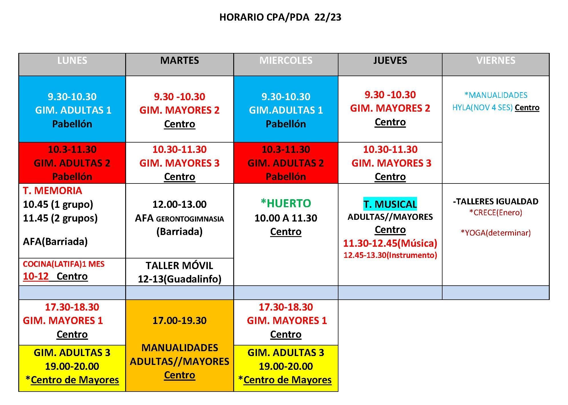 HORARIOS CENTRO 22 23 CPA Y PDA -